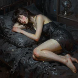 sleeping beauty, cyberpunk, oil painting, darkness, paint texture, digital painting, highly detailed, artstation, sharp focus, illustration, concept art, ruan jia, charlie bowater, tom bagshaw, norman rockwell