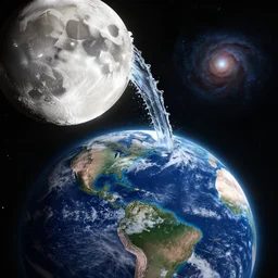 Water pouring from the moon to the earth, unreal, hd, 4k, space, galaxy,