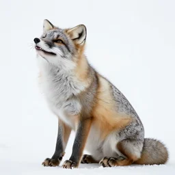 arctic fox sitting down, side view, fox looking up, white background, smile