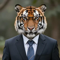 high quality portrait photo of a tiger dressed in a business suit and tie, !!wearing glasses!!, !Anthropomorphic!, photography 4k, f1.8 bokeh, 4k, 85mm lens, sharp eyes, looking at camera