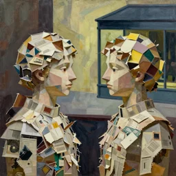 low poly, twins, painting by shaun tan, detailed, intricate, torn paper decollage, low poly, oil on canvas by edward hopper, ( by mattias adolfsson ), by moebius