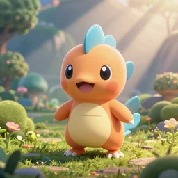 a sweet adorable pokemon in a beautiful landscape. chiho aoshima. magikarp. very cute. friendly. beautiful. digital render.