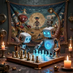 a beautiful tapestry by banksey, a small robot playing a futuristic holographic chessgame, ultra detailed, atmospheric lighting, steampunk, moody, candles, characters from machinarium, trending on artstation, octane render, 8 k, ultra realistic