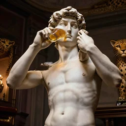 the statue david from michelangelo drinking a beer, inside cheetah lounge