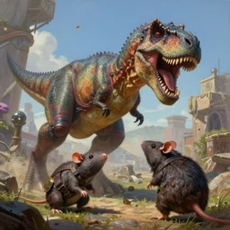 t - rex fighting a giant rat in team fortress 2 style, detailed painting, intricate, fantasy, by jakub rozalski and artgerm