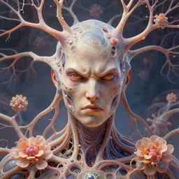 portrait of a angry, organic neurons, floral! horizon zero dawn machine, intricate, elegant, highly detailed, ray tracing, digital painting, artstation, concept art, smooth, sharp focus, illustration, art by artgerm and greg rutkowski and alphonse mucha, 8 k