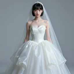 an early 0 0's aesthetic digital portrait of a japanese futuristic beautiful girl detailed features wearing a latex wedding dress with a puffy skirt designed by balenciaga artstation, realistic by ichiro tanida and armin vit