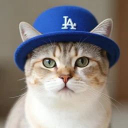 a cat wearing a blue hat