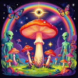 psychedelic mushrooms, enchanted alien world, mushrooms on the ground, aliens, galaxy in the sky, butterflies, occult, illuminati, third eye, rainbows, bright colors, psychedelic, fish eye lens, vector art, fantasy poster by helen huang and frank frazetta and salvador dali