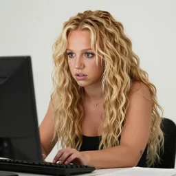 young britney spears look alike with extremely long blonde voluminous curly hair sitting at her computer, 4 4 4, ( 4 4 4 ), anxious