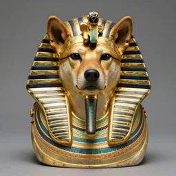 golden egyptian funerary mask of a shiba inu dog