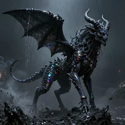 pearlescent black lilith! the mother of all demons, covered in iridescent glitter!!, raining ash, fine art masterpiece, highly detailed dino valls wayne barlowe machiej kuciara, cinematic lighting, long shot, side angle, uhd 8 k, sharp focus