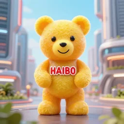 portrait of haribo bear in future city, color and shape focus, cnetral composition, natural light, bloom,