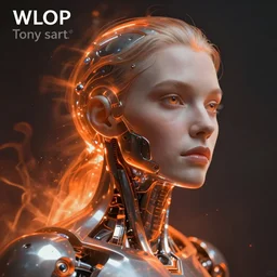 Cybernetic man portrait, floating metal and radiant orange light, in the style of WLOP and tony sart