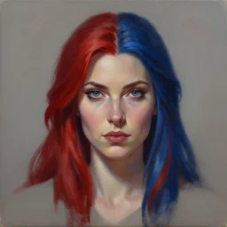 A detailed matte oil on canvas head on symmetrical portrait of a distinguished elven woman with vertically separated red and blue hair on an empty background ,  by Charlie bowater and lise deharme wlop, trending on artstationhd,  dungeons and dragons art, critical role