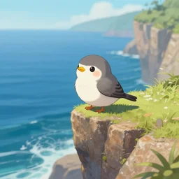 goro fujita ilustration a cute little bird on the edge of a cliff overlooking the ocean, painting by goro fujita, sharp focus, highly detailed, artstation