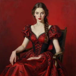 beautiful woman with braided brown hair, wearing an elegant dress, and sitting on a chair, highly detailed, painting, red and black color palette, intricate