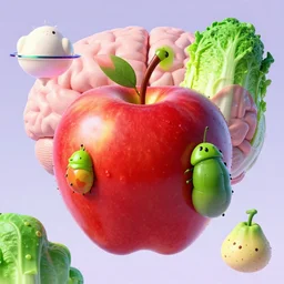 🍎🐛, 🧠 + 🧄 digital art surrealism, retrofuturistic, ceptual art, artstation