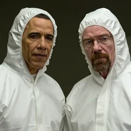 obama and walter white wearing hazmat suits, hood off, film still of breaking bad, film grain, insanely detailed faces, realistic faces, photorealistic, 4k