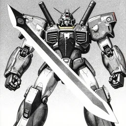 grainy risograph, huge floating sword against huge robot machine with three heads, close - up, artstation, by moebius, jack gaughan, lehr paul, manga 2 0 0 0