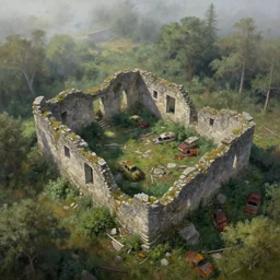 aerial view of spare stone ruins!!!, wild forest!!! vegetation!!!, rubble!!, rusty cars!!, hyperrealistic, highly detailed, cinematic, foggy light from fires, beautiful, cgssociety, artstation, 8 k, oil painting by greg rutkowski, by artgerm, by wlop