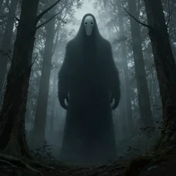 a dark foggy forest, a very tall faceless monster standing amongst the trees, concept art, illustration, dark fantasy, high detail, trending on artstation