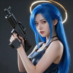 bulma holding a halo rifle, future girl holding rifle, girl holding gun, the blue haired beauty woman, smooth skin, hyperrealistic, hyper detail, 8 k render, volumetric light, cinematic lighting, volumetric lighting, re engine, brushstroke render
