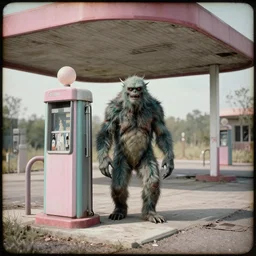 monster in an abandoned gas station, daguerreotype by edward hopper, by henri rousseau, by Bosch, by Pontormo, art noveau, highly detailed, strong lights, liminal, eerie, Bright pastel colors, octane render, 8k
