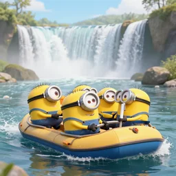 minions riding a raft in a river with a waterfall in the background