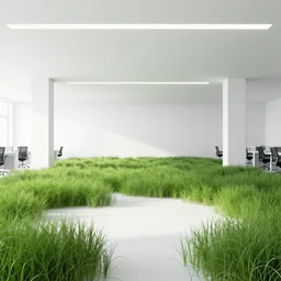 a white liminal space, grass growing in an office space, intricate, photorealistic, unreal engine, 3 d render