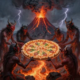 masked demonic creatures grabbing for a large pizza, in the background is a volcano spewing lava and black smoke, from below, streams of glowing hot lava, flashes of lightning in the distance, wide shot, long shot, an ultrafine detailed painting by joe fenton, deviantart, pop surrealism, whimsical