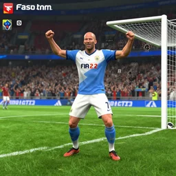 screenshoot of jason statham as football player on fifa 2 2 pc gameplay, celebrate goal, hyperdetailed ultrasharp octane render
