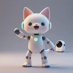 product photo of a futuristic happy surprised robot pet, asymmetric minimalistic cute, by artgerm and greg rutkowski and marc newson and zaha hadid, alphonse mucha, samsung apple webcam, matte glossy materials, neon, kitten puppy pig otter ( fennec ). flowing dancing pose. three quarter view, volumetric light, detailed, octane render, midsommar