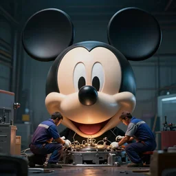 workers / mechanic working on mickey mouse giant head, low cinematic lighting, front lit, beeple, cgsociety, unreal engine, octane render, trending on art station, highly detailed 4 k art, intricate, hyperr realistic n 9