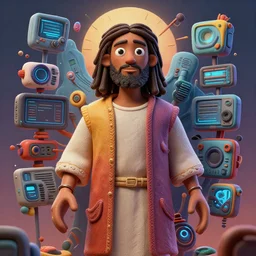 stylish 3 d vfx - drew struzan movie poster - art of an african jesus surrounded by technology, art style by james jean & hsiao - ron cheng, unreal engine render, digital illustration, sharp, intricate detail, volumetric lighting, ray tracing, soft light, colourful, claymation style, ernie barnes style, symmetry, no fingers, pinterest, artstation, behance