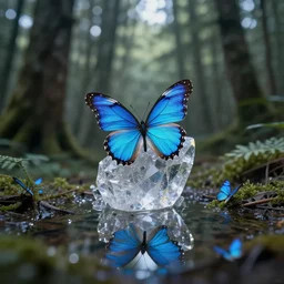 forest, bluebutterflies, crystal, reflection, prometheus film style, realistic, cinematic, trending on artstation, magnificent,