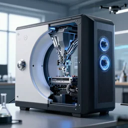 a beautiful elegant computer case cybernetic symbiosis hybrid mri 3 d printer machine making a bio chemical lab, shiny knobs, amazing, fantastic, natural light in room, drone camera lens orbs, global illumination, octane render, architectural, ( cyberpunk 2 0 7 7, bladerunner 2 0 4 9 ), f 3 2,