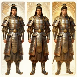 a digital concept ar by artgerm and greg rutkowski and alphonse mucha. three - view drawing full body!! t pose!! clear portrait of a lonely attractive men in uniform of tang dynasty!! heavy armored cavalry of the tang dynasty!! light effect. hyper detailed, character concept, glowing lights!! intricate, elegant, digital painting, artstation, smooth, sharp focus