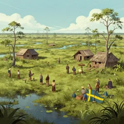 The first Swedish colonists settling the swamps of Misiones, Argentina, trending on artstation, digital art, by Greg Rutkowski