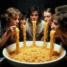 a group of people being consumed by a giant bowl of spaghetti, fear, anxiety, canon 5 0 mm, cinematic lighting, photography, retro, film, kodachrome