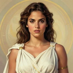 portrait of eva mendes as athena, rossdraws, matte painting, artstation, on stylized background, masterpiece, highly detailed