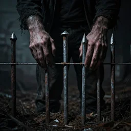 fence stakes with hands through them front view, dramatic, intense, dramatic lighting, ruin, evil