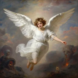 a young beautiful angel wearing white angelic clothes flying among heaven and hell painted by thomas cole