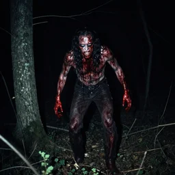 bloody wendigo in forest at night, night vision, shot from ground, grainy