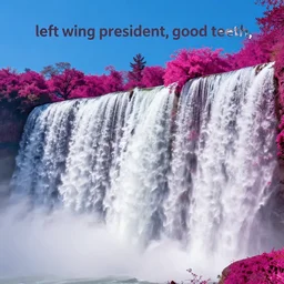“left wing president, good teeth, waterfall background, intense blue sky, trees, magenta colors”