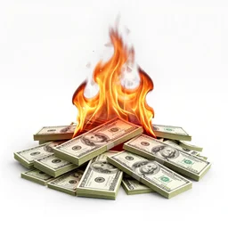 a pile of worthless dollar bills on fire with an apocalyptic scene in the background