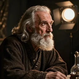 portrait of an old, medieval alchemist in the dark, he is looking into the distance thoughtfully!!. close up, leaning forward, studio lighting bright ambient lighting key light, fantasy, detailed, photorealistic portrait by michael komarck, greg rutkowski, victo ngai, artgerm and j. dickenson