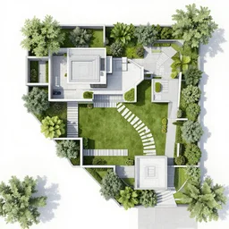 overhead plans contemporary rectanguar landscape garden, in the style of frank lloyd wright inspiration.