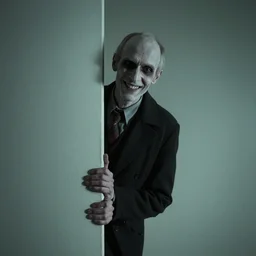 A creepy tall thin pale man peering out from the corner, smiling