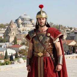 photograph of a modern day byzantine soldier from cappadocia visiting constantinople